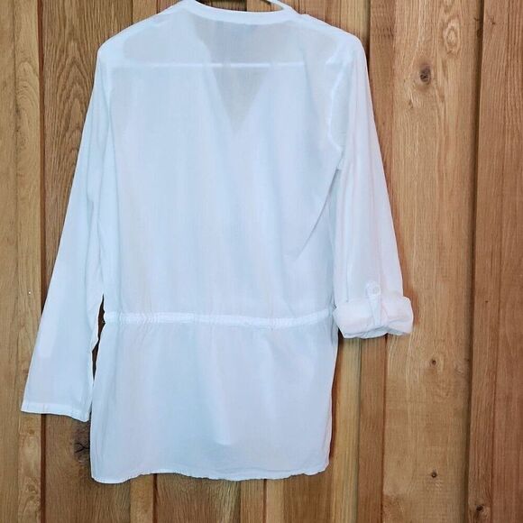 Calvin Klein Long Sleeve Sheer V-neck Tunic Oversized Blouse, Small, White - Picture 4 of 9